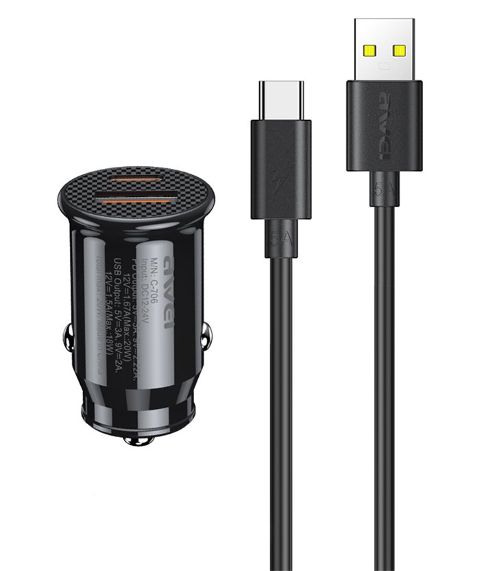 AWEI φορτιστής αυτοκινήτου με καλώδιο USB C-706, USB+Type-C, 20W, μαύρος