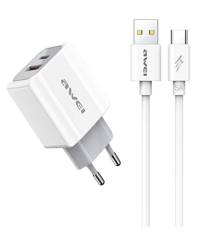 AWEI φορτιστής τοίχου με καλώδιο PD4, USB & Type-C, 20W, λευκός