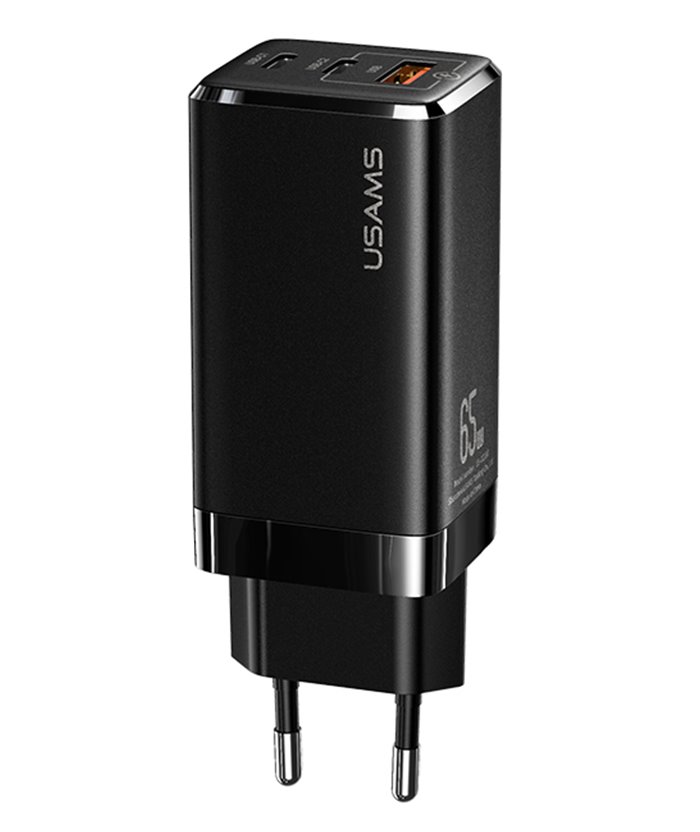 USAMS φορτιστής τοίχου US-CC110, USB & 2x USB Type-C, 65W 3A, μαύρος