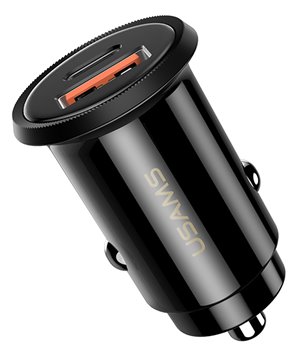 USAMS φορτιστής αυτοκινήτου C12, USB & type-C, 5A 30W, μαύρος