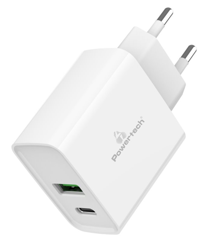 POWERTECH φορτιστής τοίχου PT-925, USB & Type-C, PD QC 3.0, 20W, λευκός