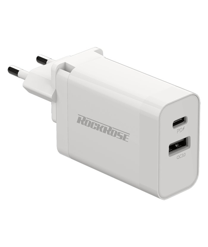 ROCKROSE φορτιστής τοίχου Casa PQ Pro, 2x USB, PD, QC 3.0, 30W, λευκός