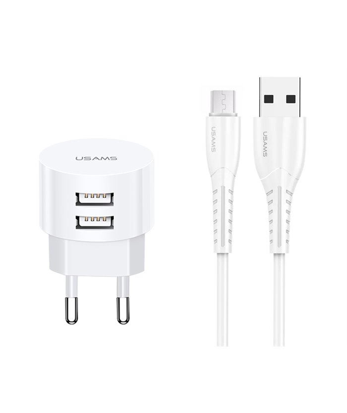 USAMS φορτιστής τοίχου T20 & καλώδιο Micro USB, 2x USB, 2.1A, λευκός