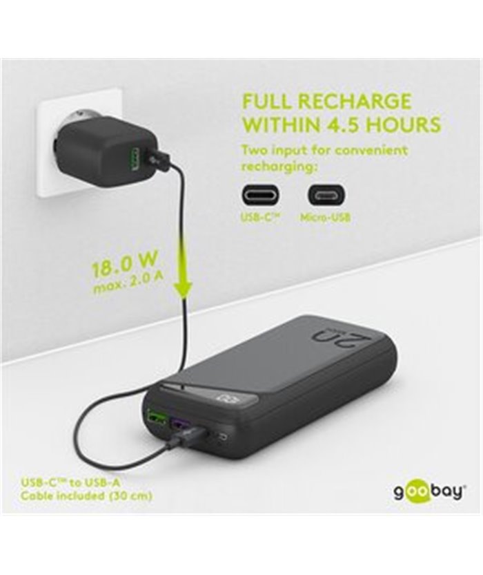 GOOBAY power bank 53939, 20000mAh, 2x USB & Type-C, QC PD, 22.5W, μαύρο