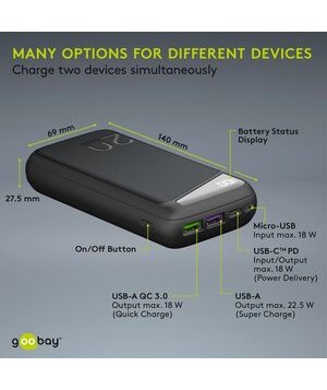 GOOBAY power bank 53939, 20000mAh, 2x USB & Type-C, QC PD, 22.5W, μαύρο